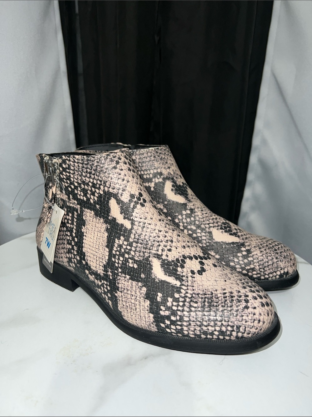 Time and Tru Snake-Print Ankle Boots in Black and Cream